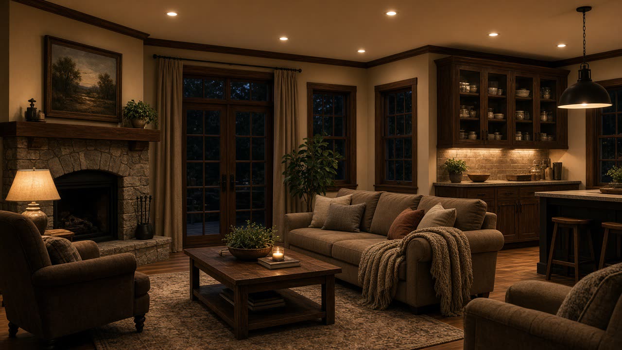Living room lit with new recessed lights (illustration)
