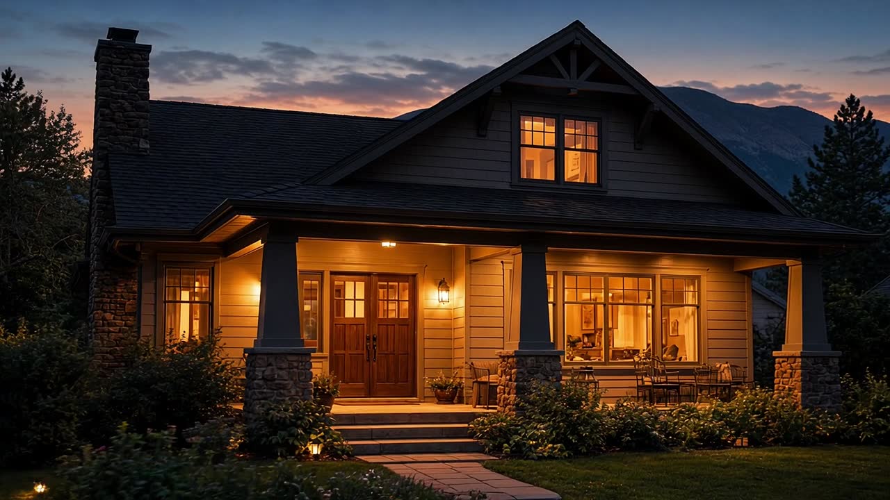Craftsman home with warm lights at dusk (illustration)